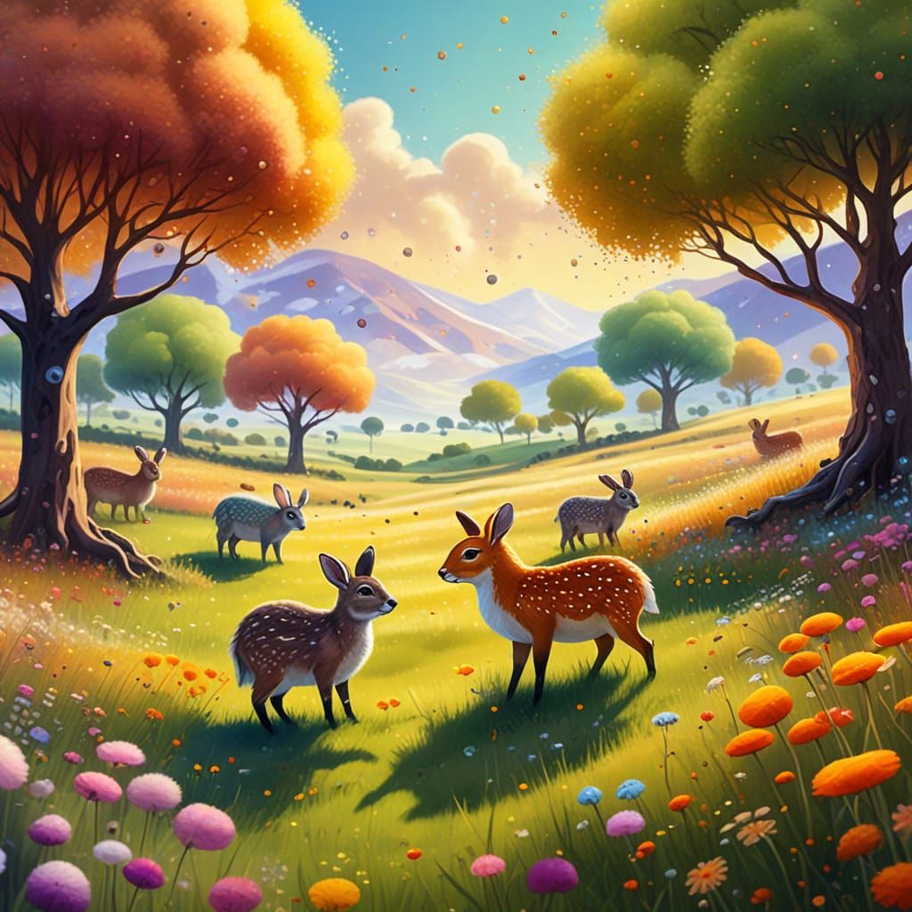 Whimsical Animals Wander Dotted Meadow in Oil Painting