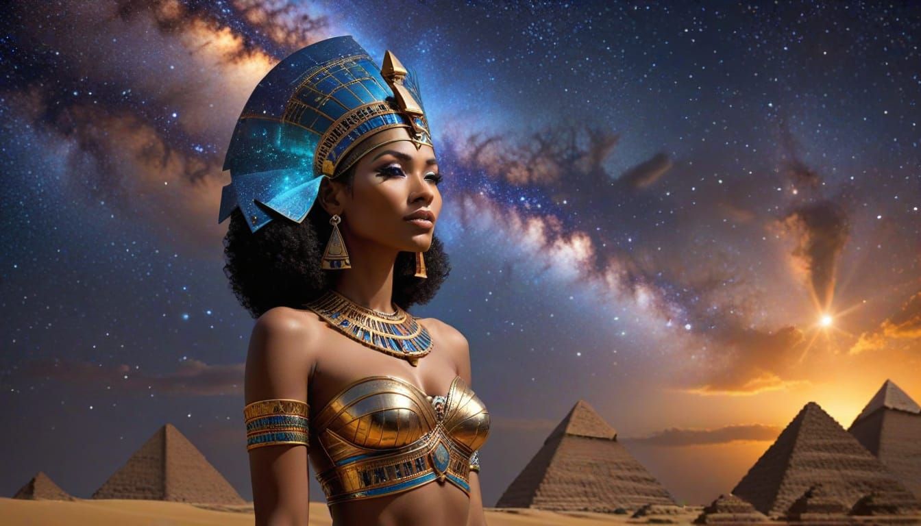 Egyptian Queen with Cosmic Nebulae Sky