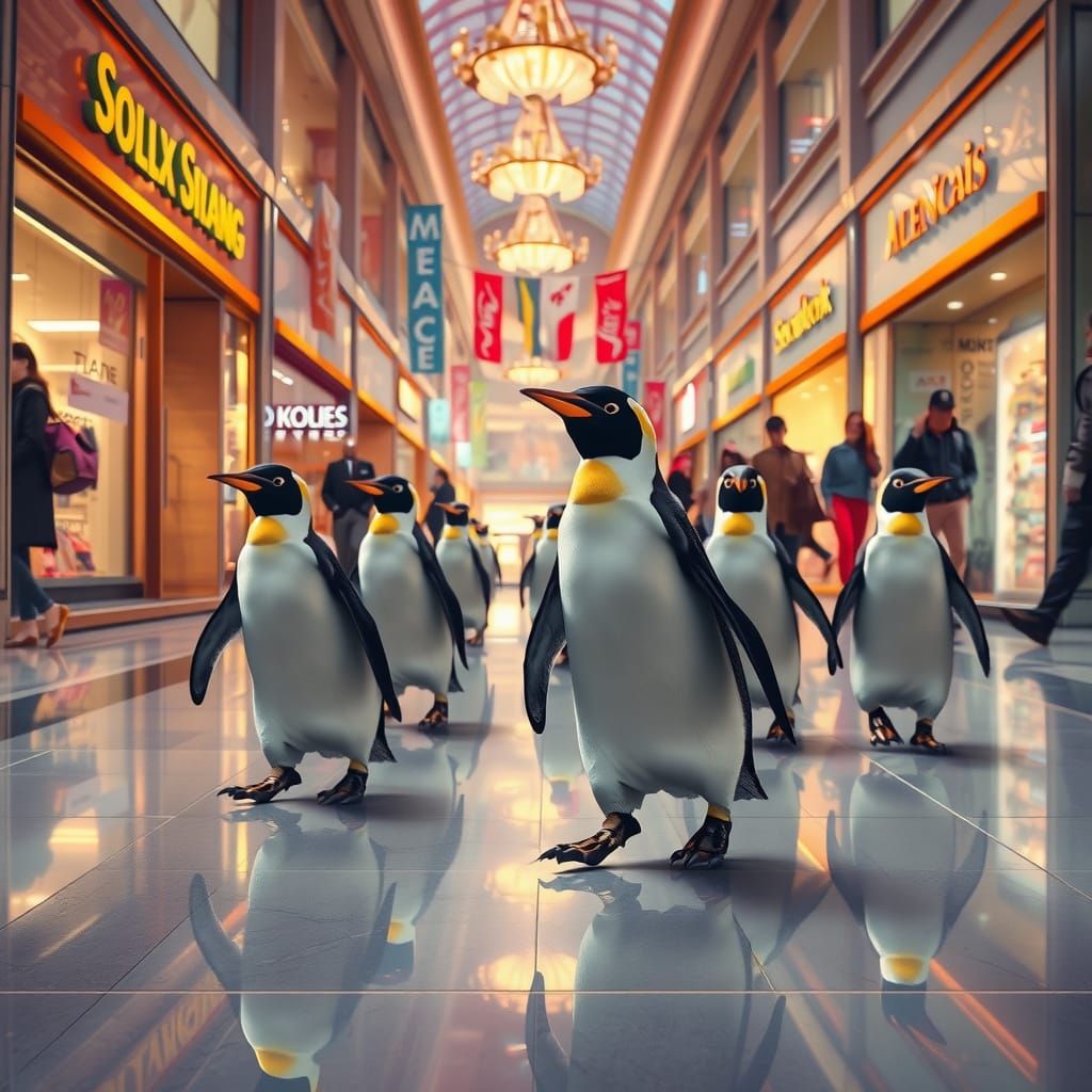 Penguins in Formal Attire Stroll Upscale Shopping District
