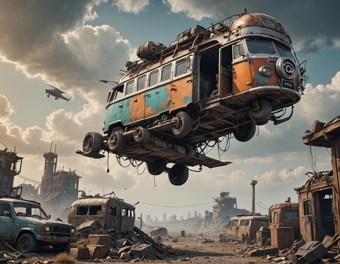 Van in the sky flying over a Post Apocalyptic wasteland