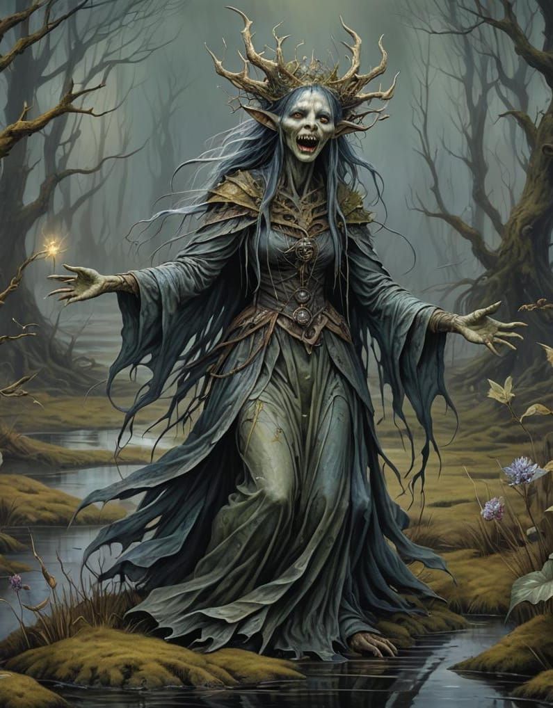 Banshee Singing in Bog: Fantasy Art in Froud Style