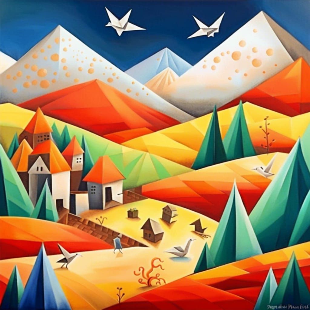 Origami Village: Detailed Gouache Painting