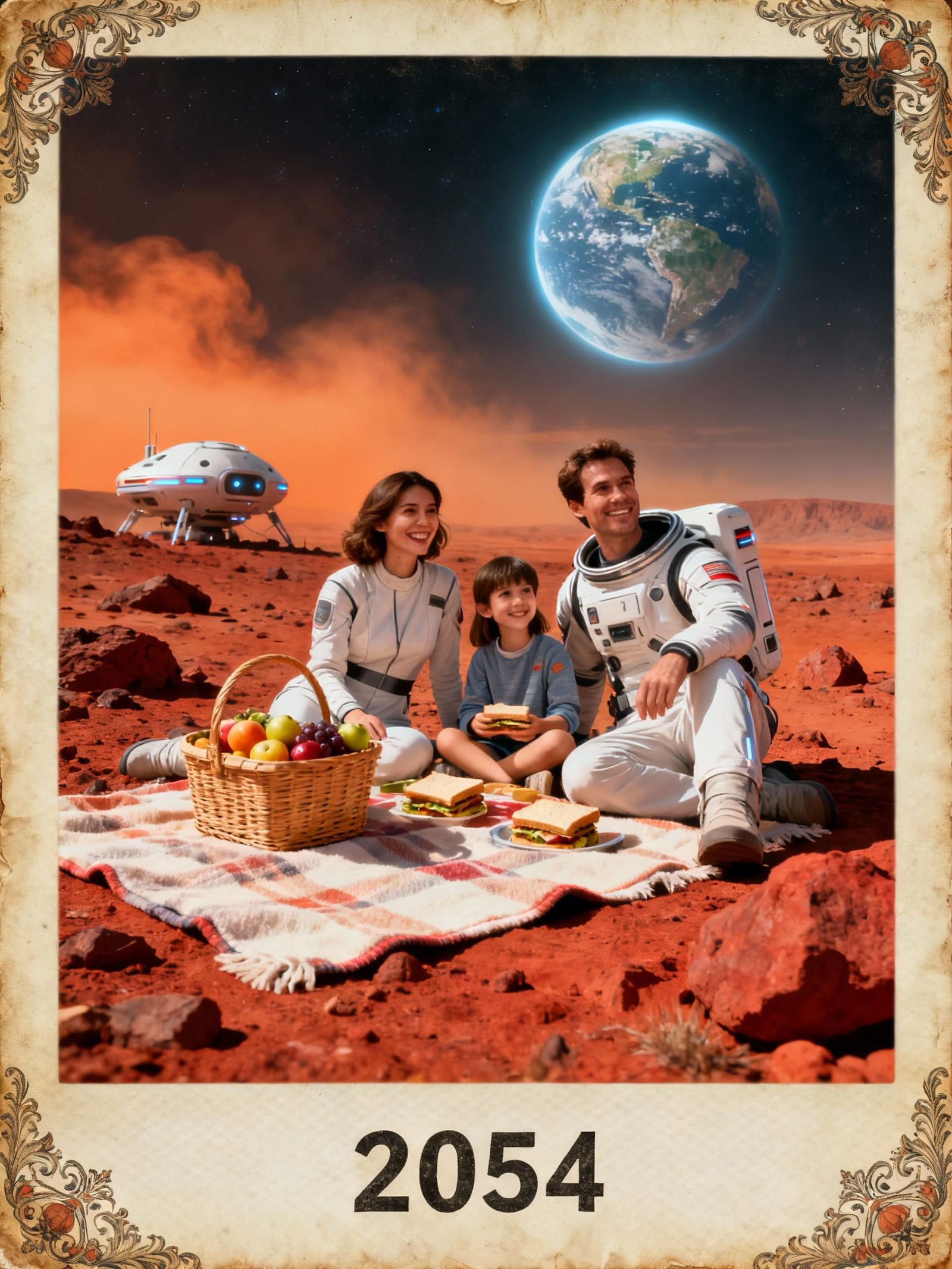 Mars Picnic 2054: Earth View, Retro-Futuristic Family