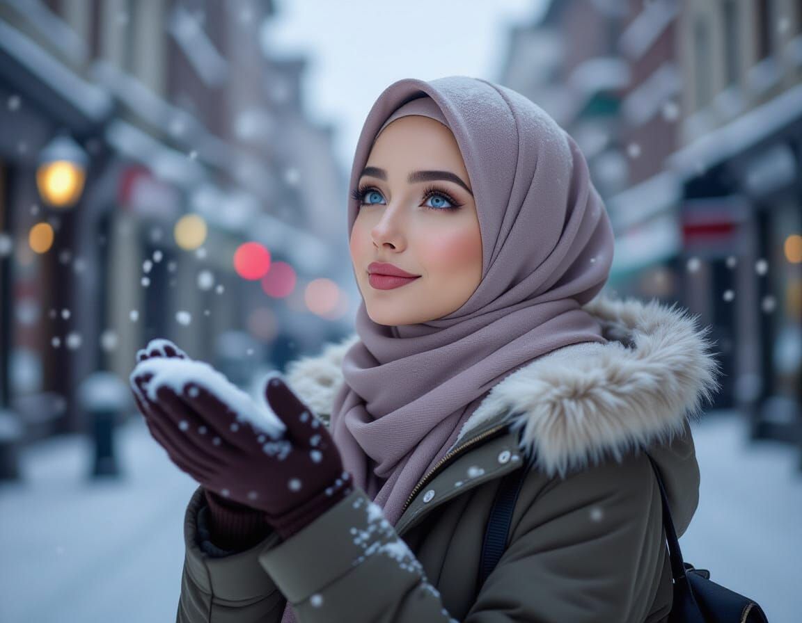 Snowflake Catching Woman in Snowy City