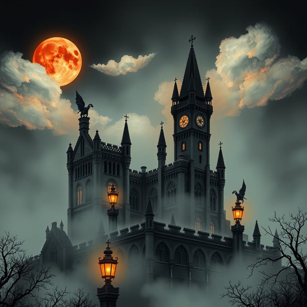 Mystical Gothic Castle in Moonlight Illustration