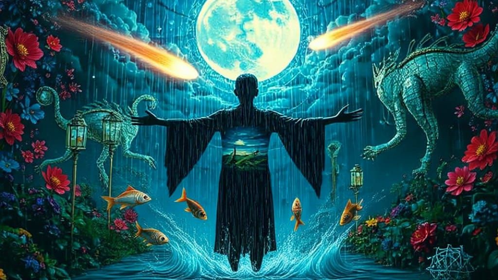 Lone Figure in Surreal Glitch Art Garden Under Moonlight