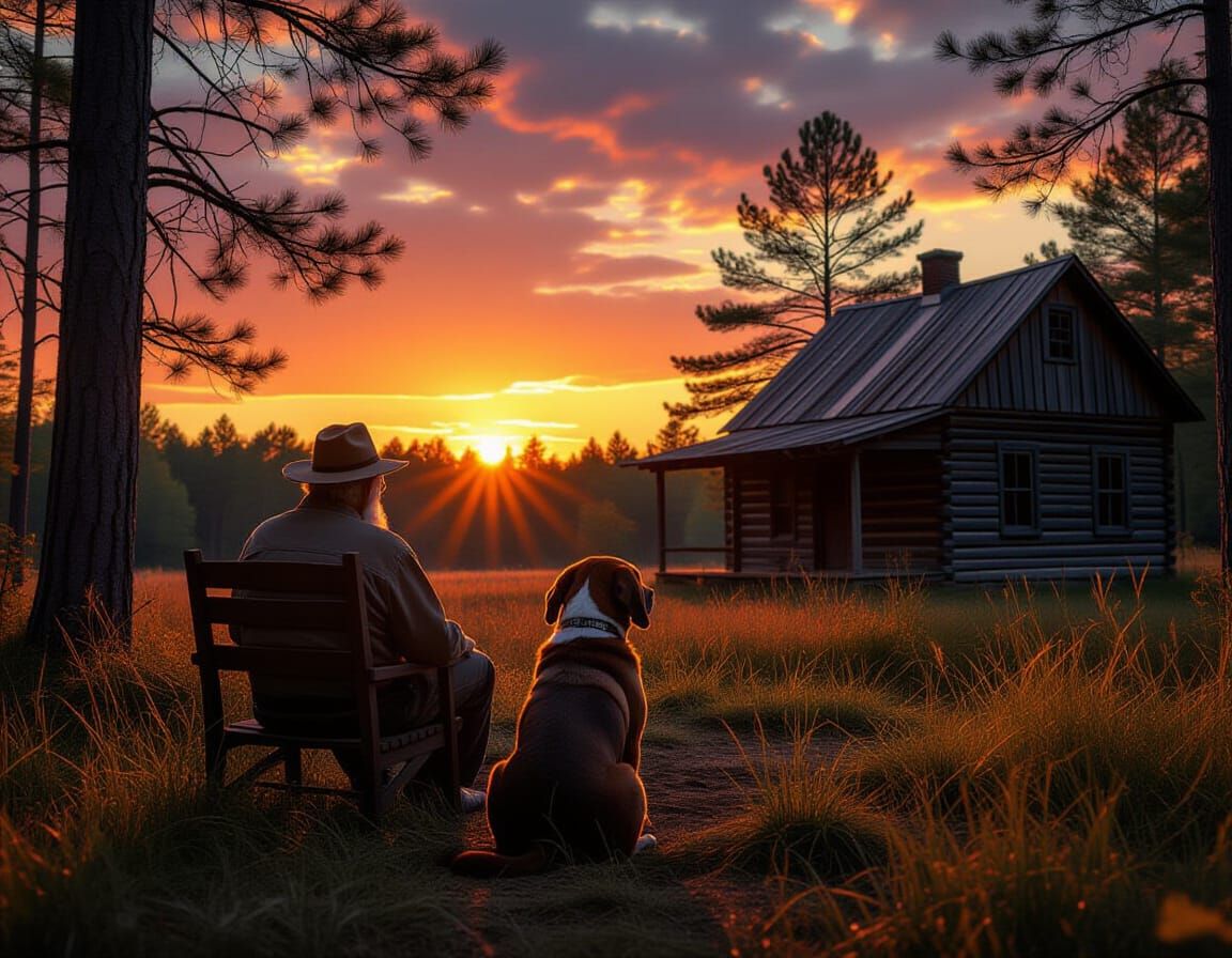 Old Man and Hound Watch Sunset by Cabin