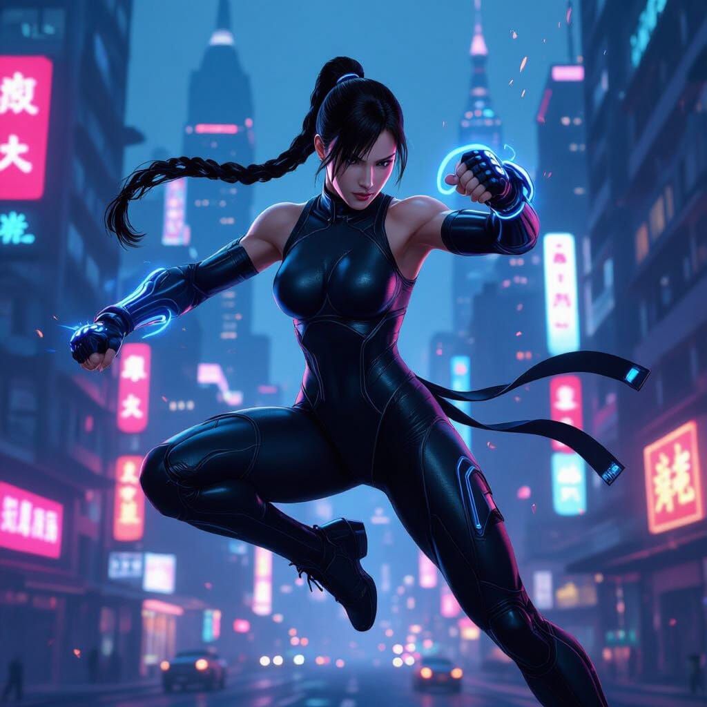 Chun-Li in Tactical Skinsuit, Neon City, Cinematic Lighting