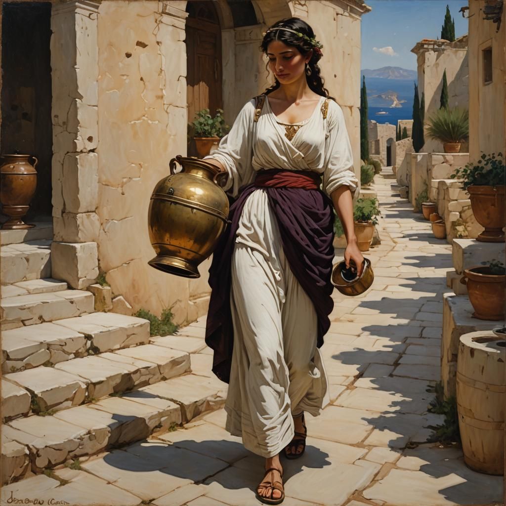 Classical Grecian Girl with Wine Urn as Oil Painting