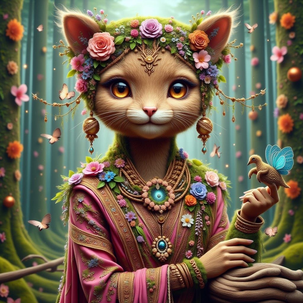 Cat in Saree, Rajput Style Painting