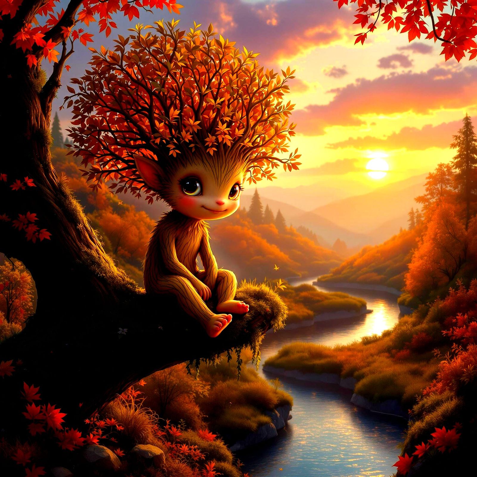 Mystical Autumn Sprite Among Winding Rivers