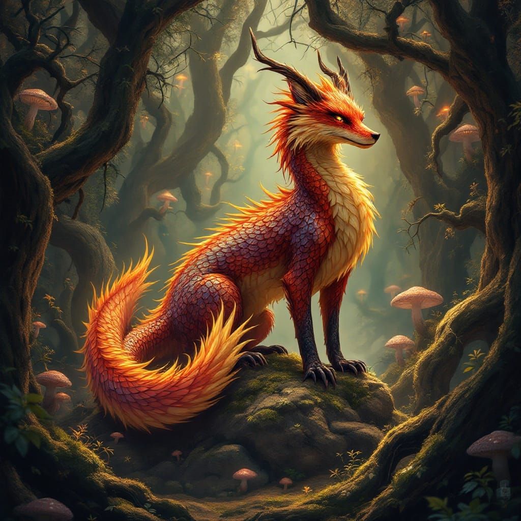 Ethereal Fox Dragon in Mystic Forest
