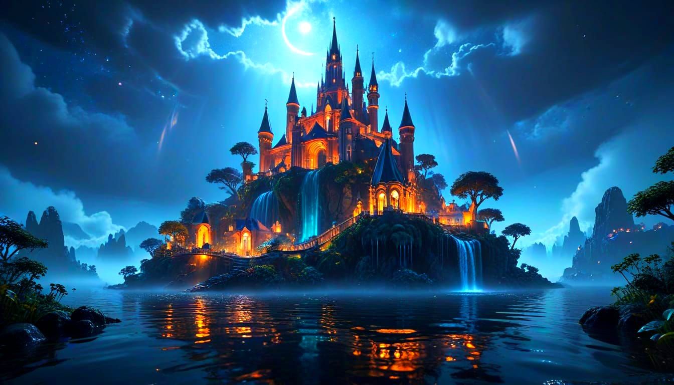 Floating Island City Under Milky Way Galaxy