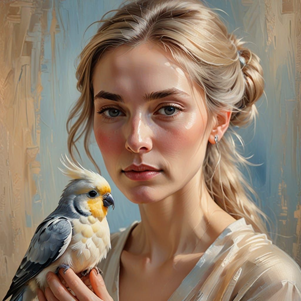 Woman with Gentle Cockatiel in Soft Focus Oil Painting