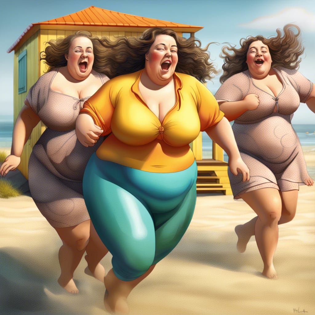 Three beautiful chubby woman fooling Around on the beach, fun and Joy.
