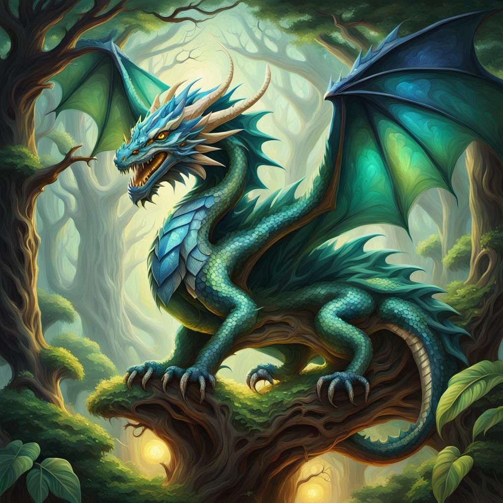 Emerald Dragon Perched on Ancient Tree: Fantasy Art