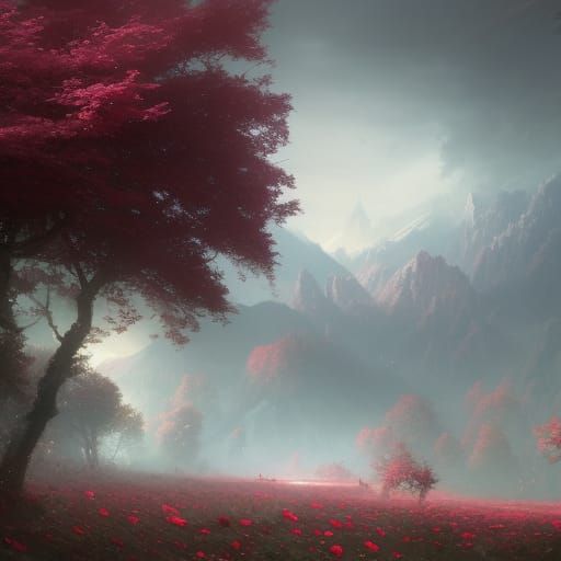 Cherry Blossom and Roses Landscape in Dark Fantasy Style