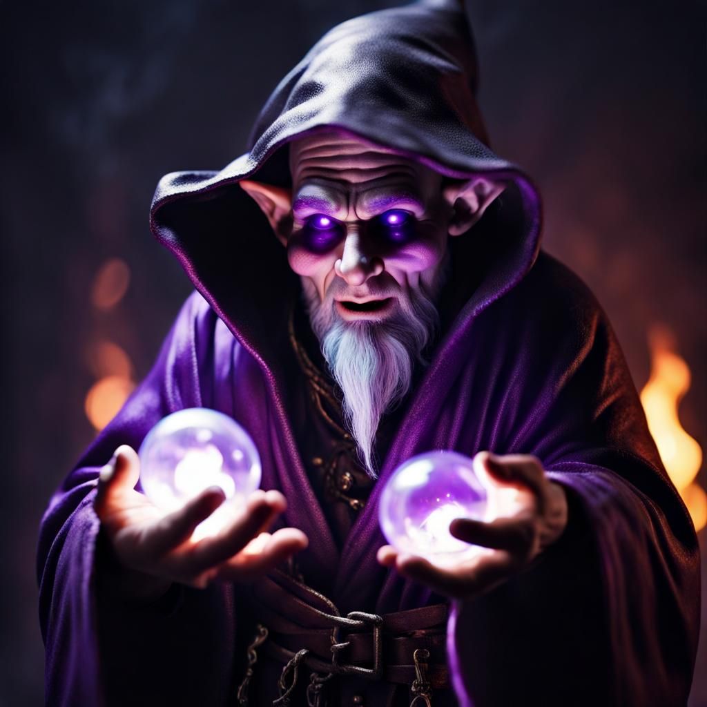 A evil bald gnome enchanter wearing a dark-iron face mask with purple eyes and a glowing bright robe is mumbling a magic...