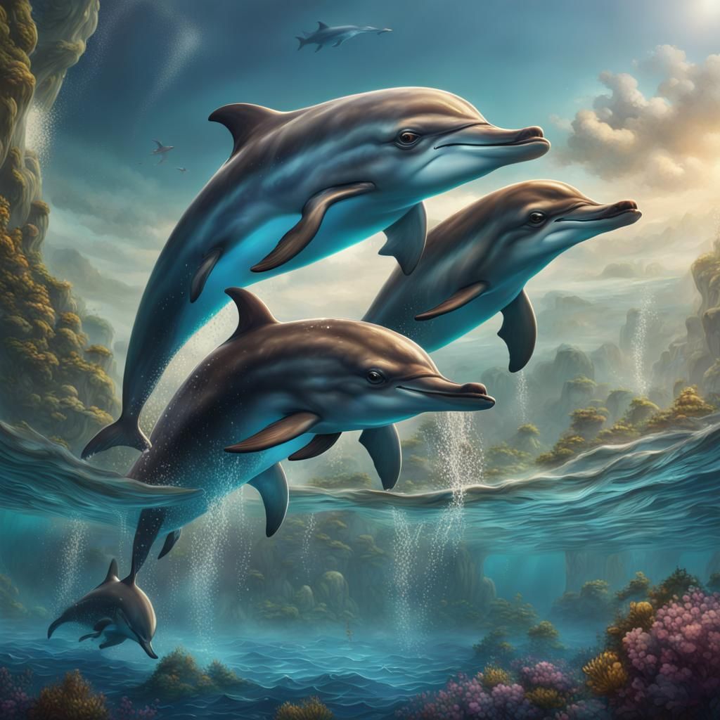 Mother Dolphin Guiding Calf: Detailed Fantasy Art