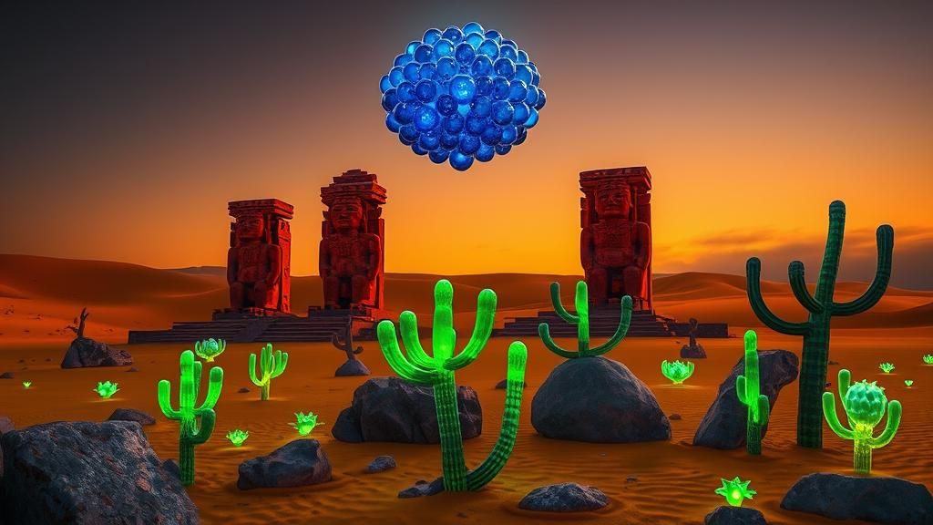 Aztec Sculptures in Desert with Glowing Orbs