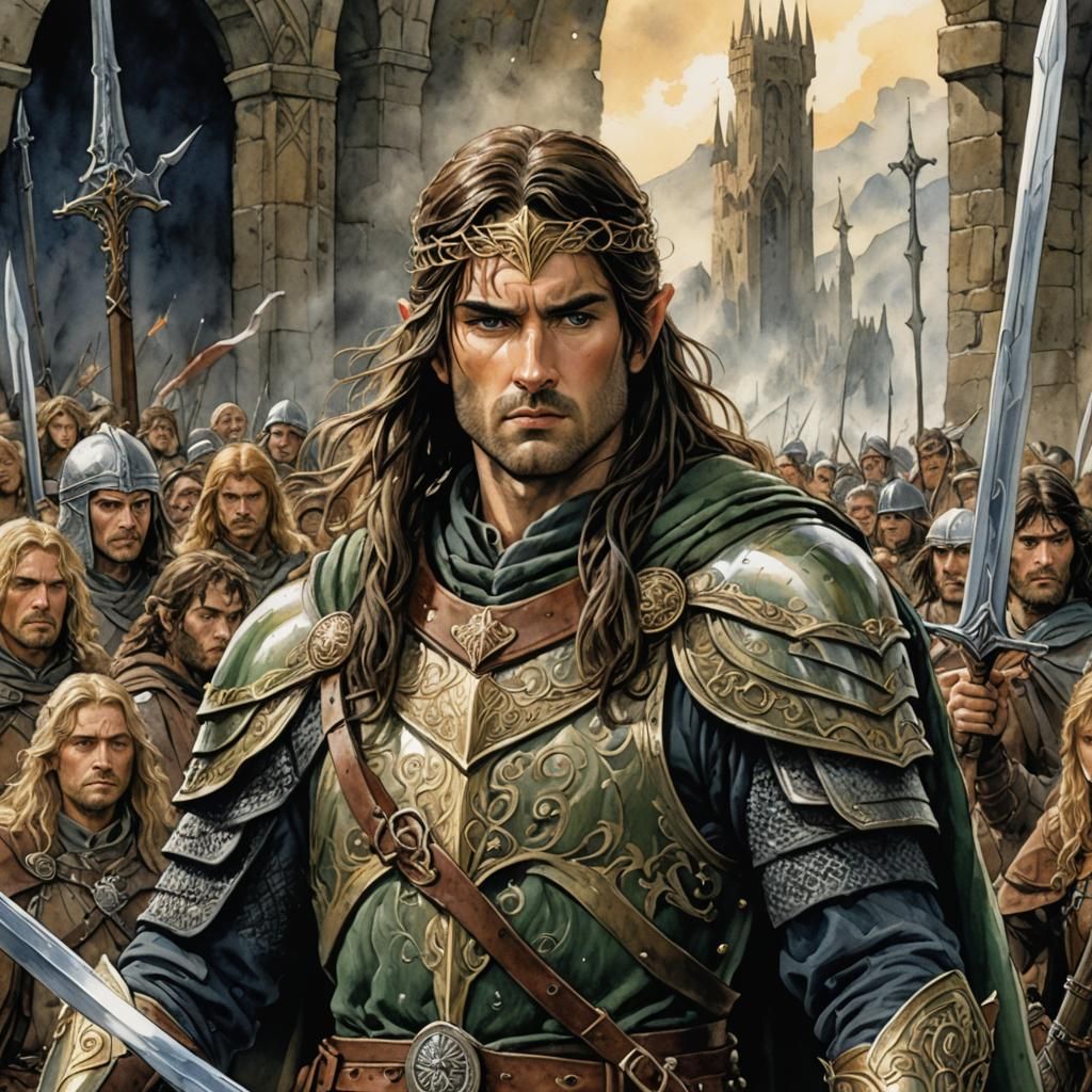 Rohan Royal Warrior with Sword in Watercolor Style