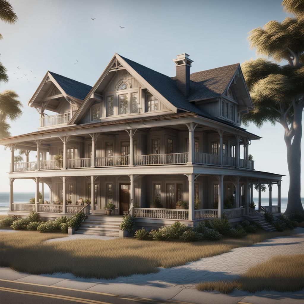 Southern Beach House with Wraparound Porch in 3D
