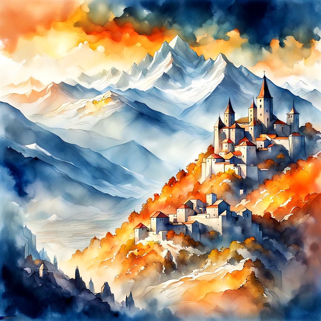 Pyrenees Mountains Landscape with Fantasy Architecture