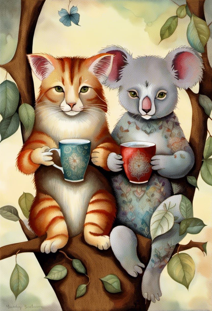 Cat & koala are enjoying a coffee