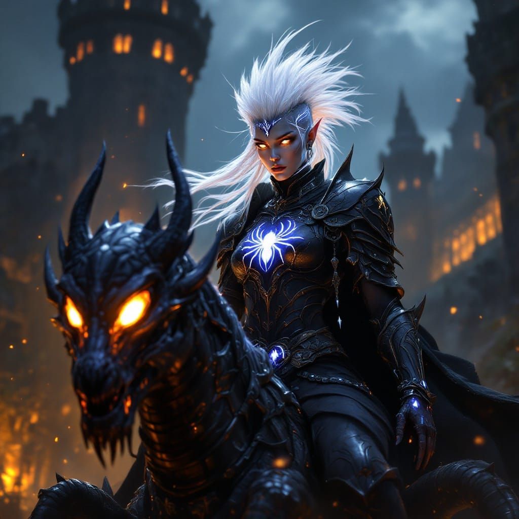 Dark Fantasy Elven Warrior on a Black Arachnid Steed