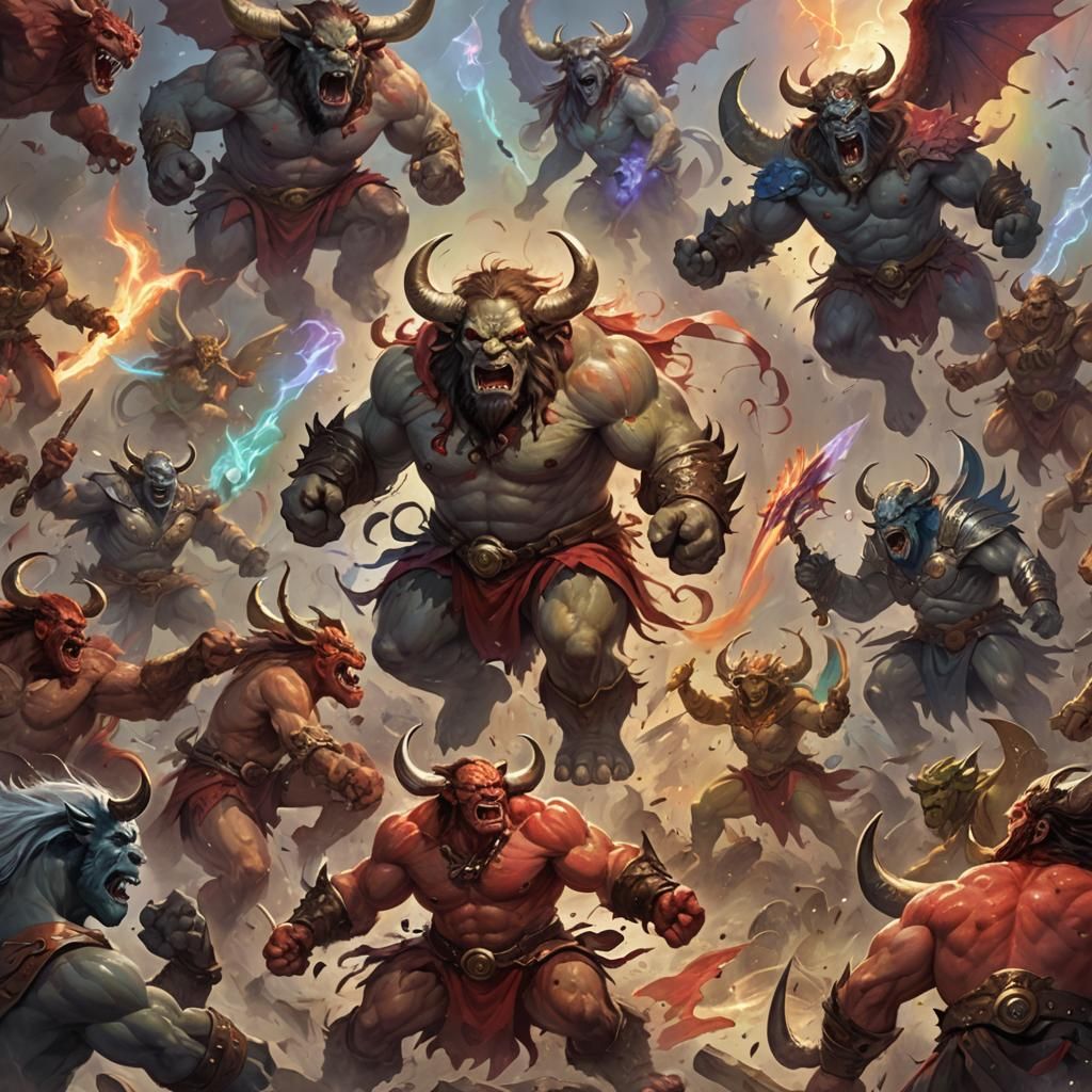 ogre, minotaur, assassin, bowman, in conflict, fighting, Rainbow, red skewed, shades of greys, shades of reds