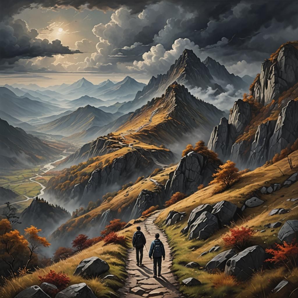 Man Walks Mountain Path in Autumn Landscape