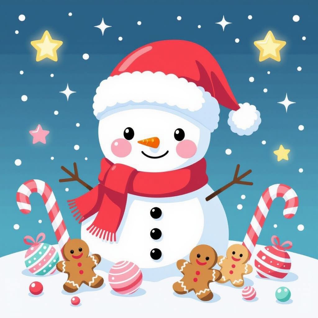 Kawaii Snowman Holiday Wallpaper with Pastel Sweets