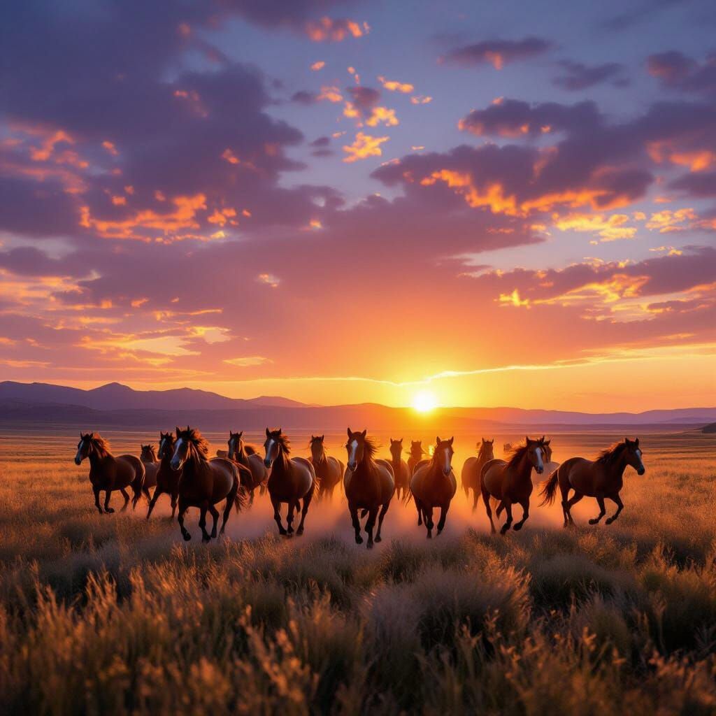 Wild Mustangs Gallop Across Prairie at Vibrant Sunset
