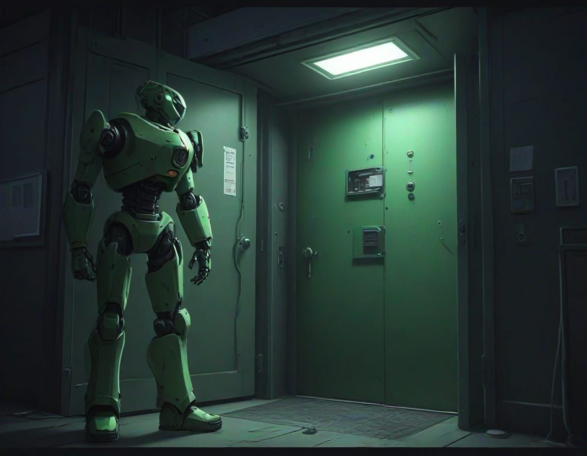 Fearful Youth Ignites Robot's Fury in Dystopian Control Room