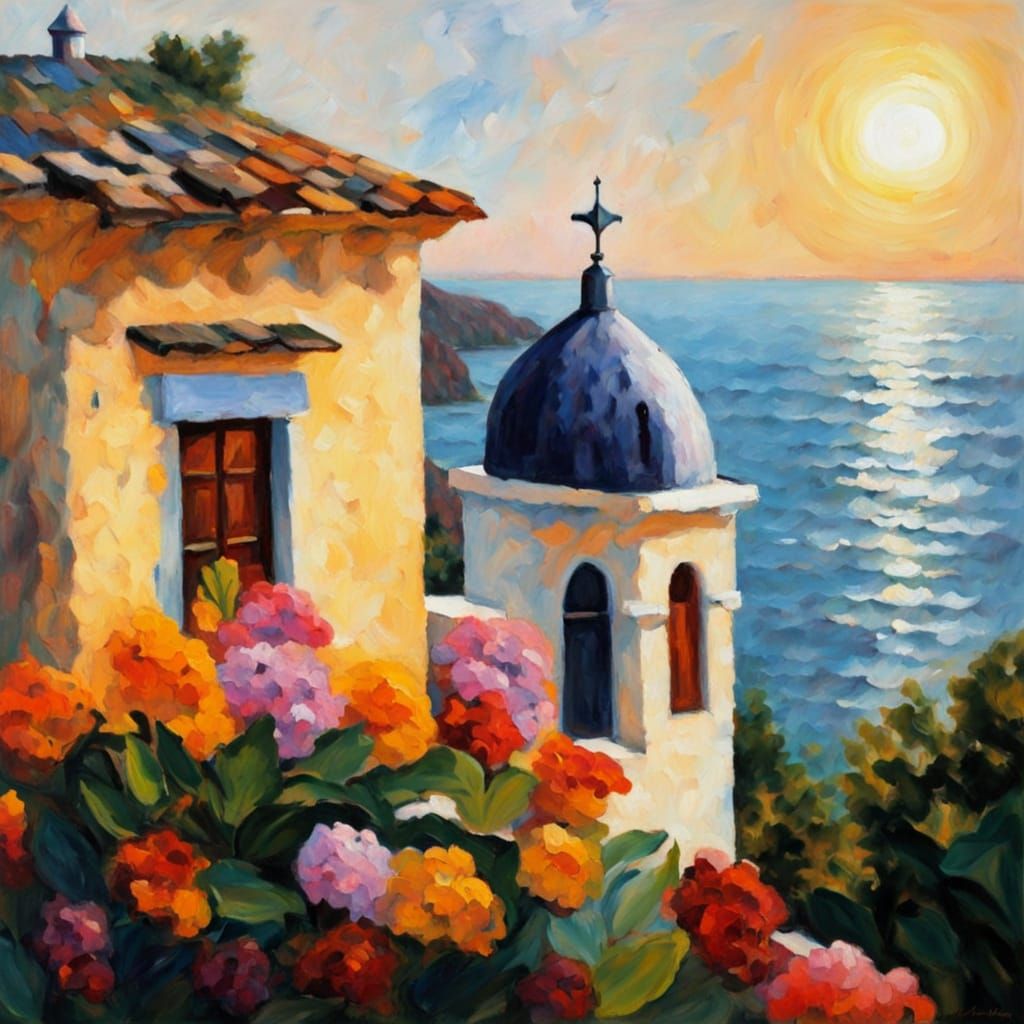 Coastal Castle at Sunset: Neo-Impressionist Oil Painting