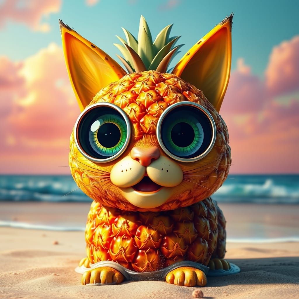 Vibrant Beach Cat Sculpture in Hyperrealistic Style