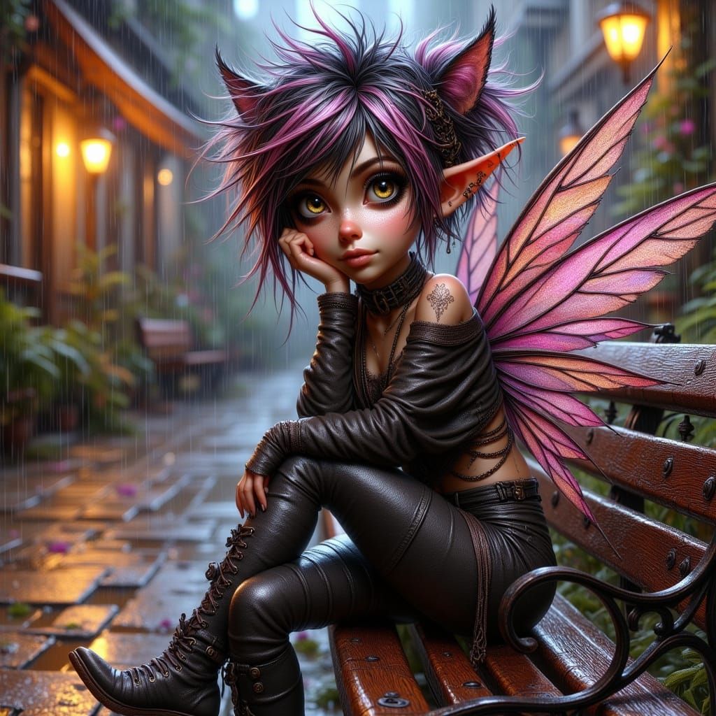 Dark Angel Pixie in Leather, Sitting on a Rainy Park Bench