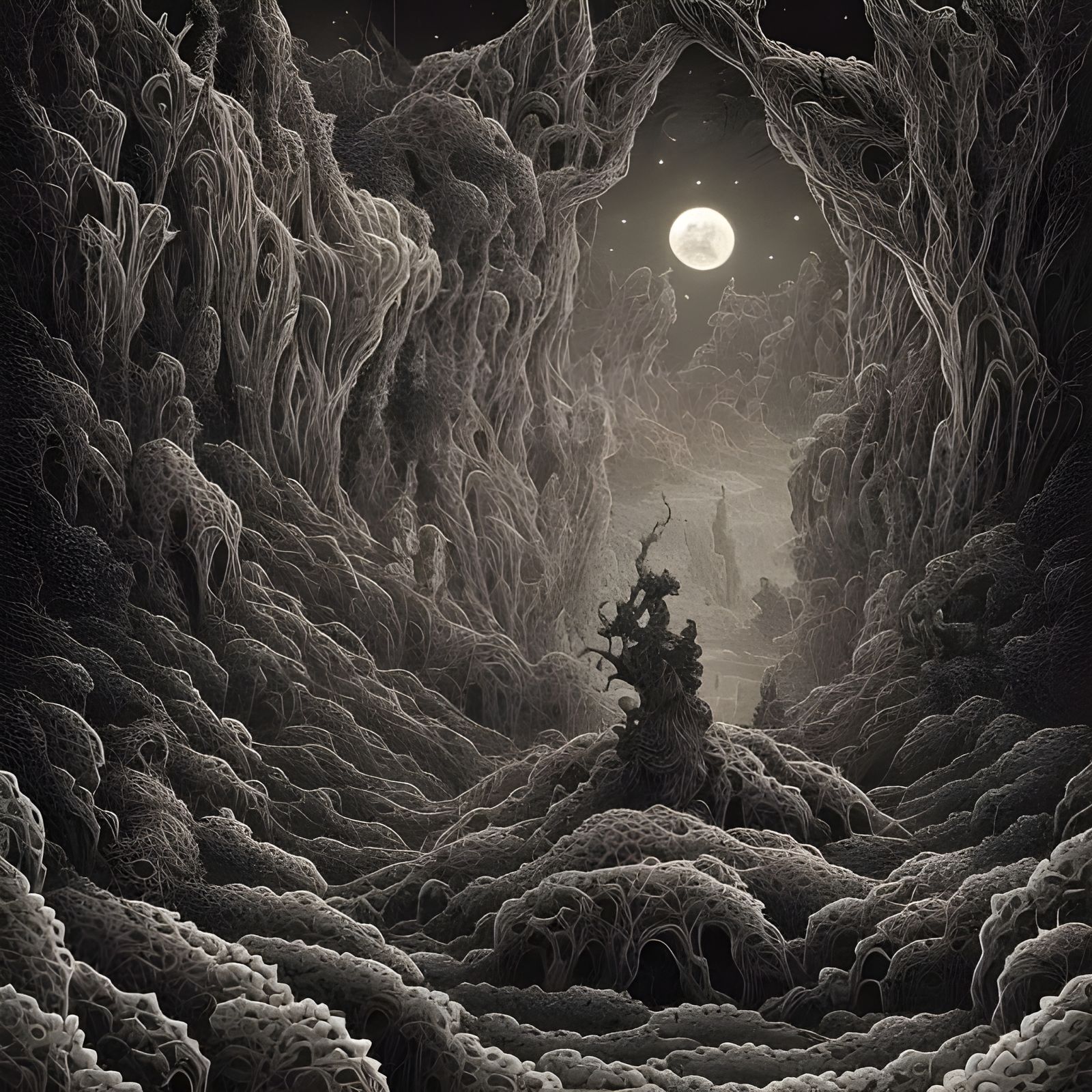 Thorny Night Landscape in Moody Holographic Style