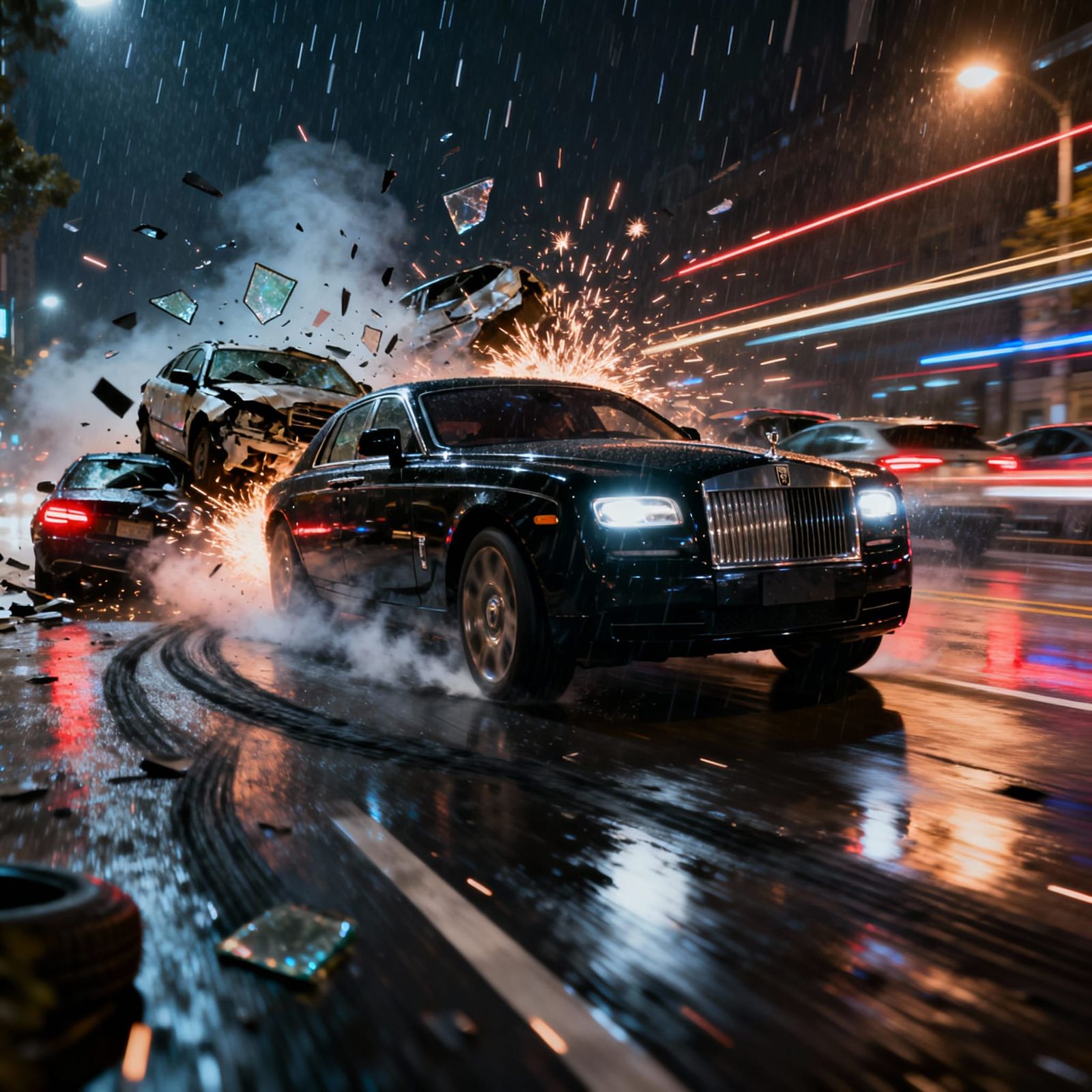 Black Rolls-Royce Drifts Causing Epic Car Crash Scene