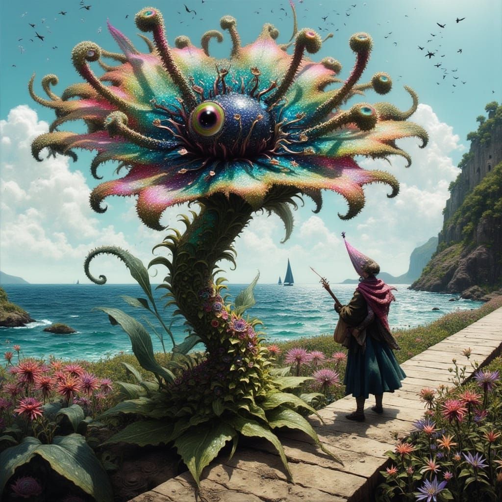 Whimsical Seaside Fantasy with Ancient Lute Player