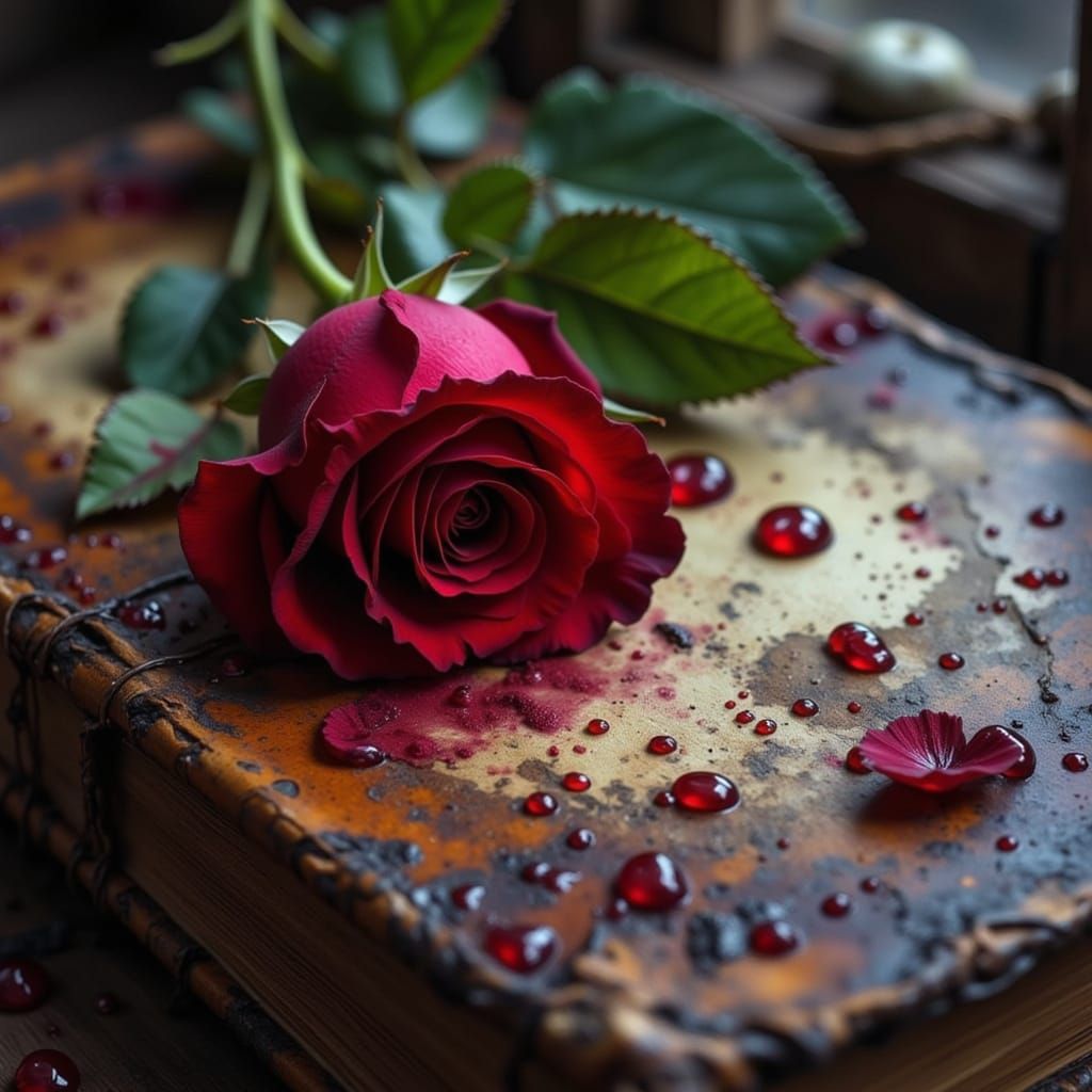 Crimson Rose on Spellbook in Hyperrealistic Style