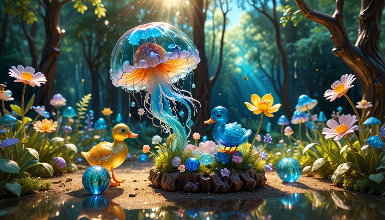 Iridescent Jellyfish and Duckling Fantasy Sculpture