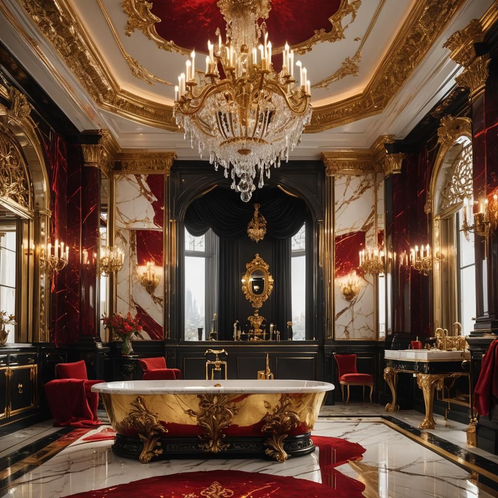 Luxurious Bathroom with Red Accents, Matte Painting