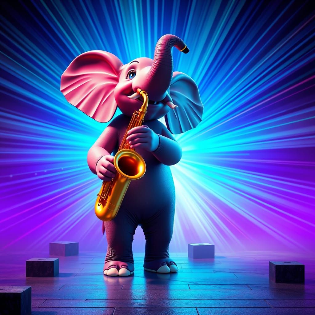 Saxophone-Playing Elephant in Vibrant 3D Environment