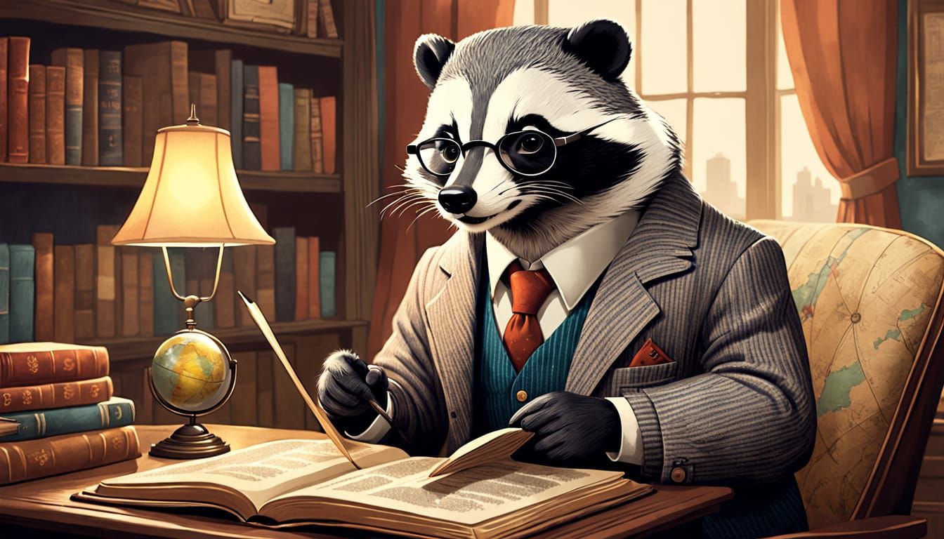 Anthropomorphic Badger Reads in Vintage Study
