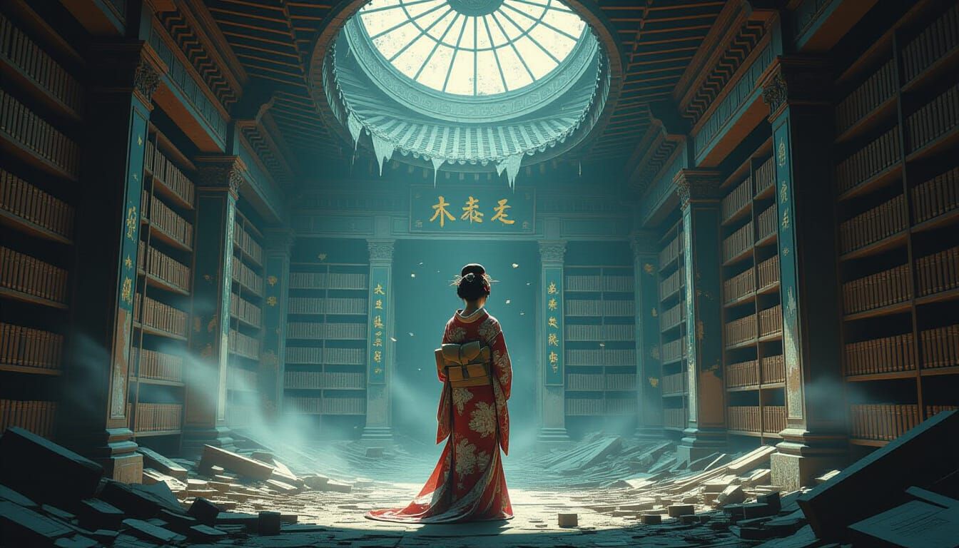Geisha in Ruined Library, Dark Fantasy Impressionism