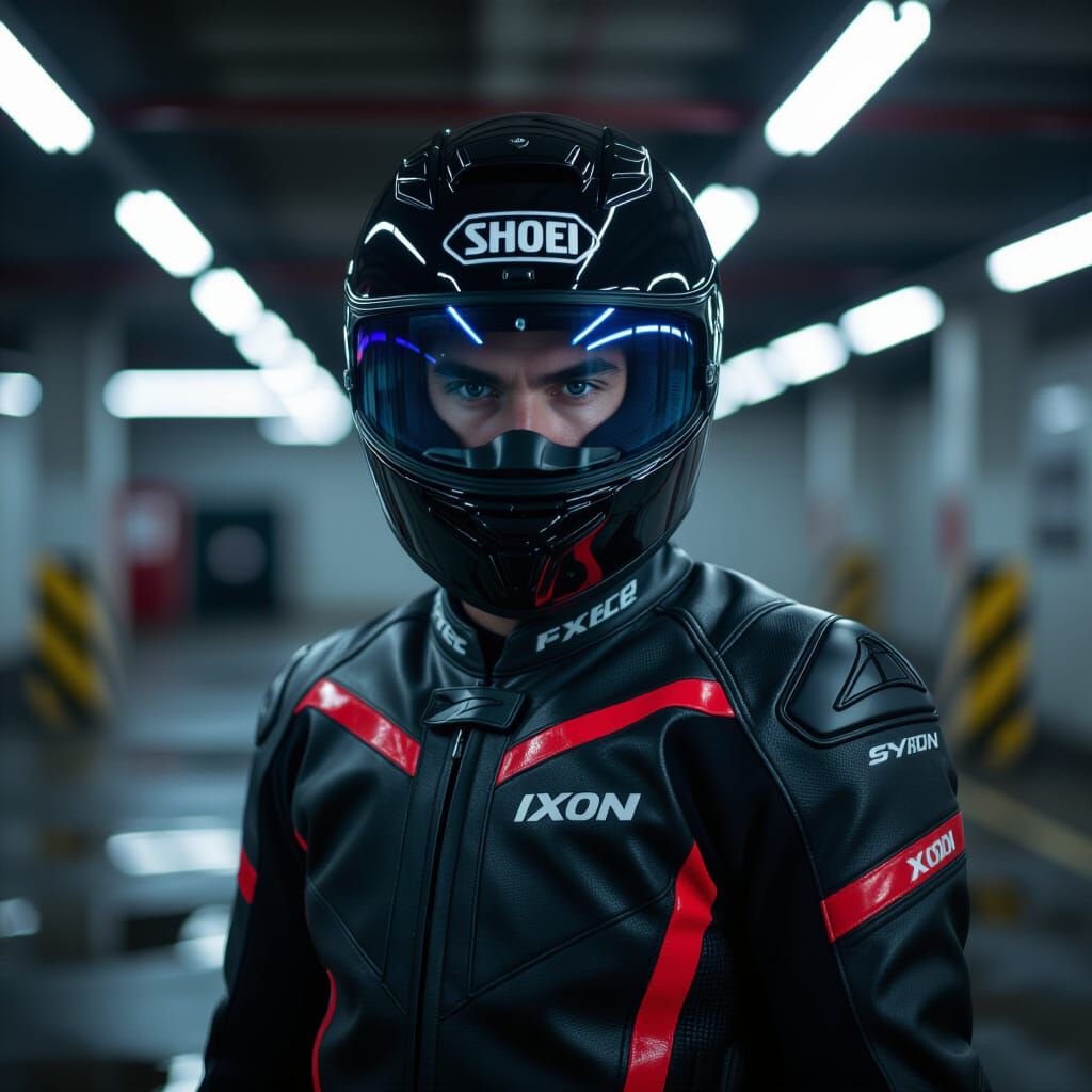 Biker in Dimly Lit Garage: Cinematic Portrait