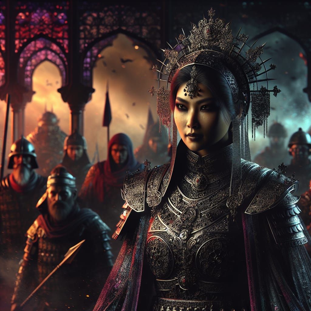 Gothic Art. Medium shot. A fierce warrior queen with intricate armor and a battle-worn expression stands on a battlefiel...