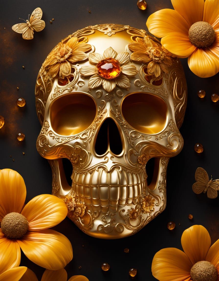 Amber Sugar Skull with Gold and Honey Flow