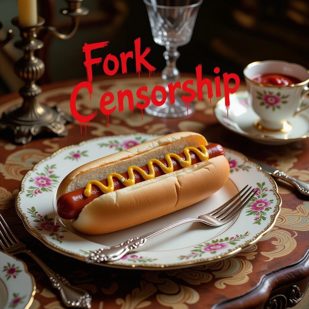 Hotdog in Baroque Setting with 'Censorship' Message